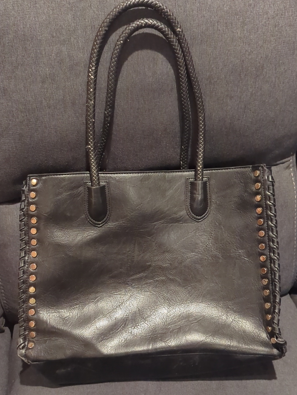 Classic Black Leather Tote Bag with Stud Detailing
